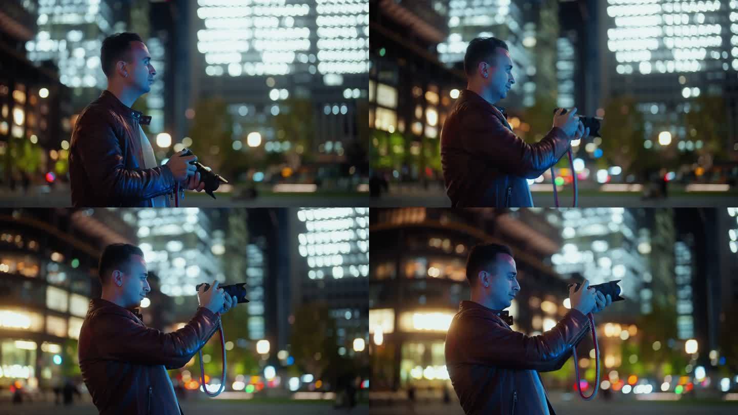 男子晚上在城市拍照