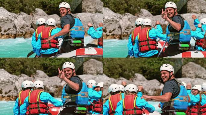 SLO MO男子在与队友一起驾驶木筏时做手势并微笑