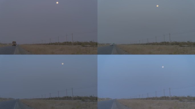 新疆且末沙漠公路货车月落延时摄影