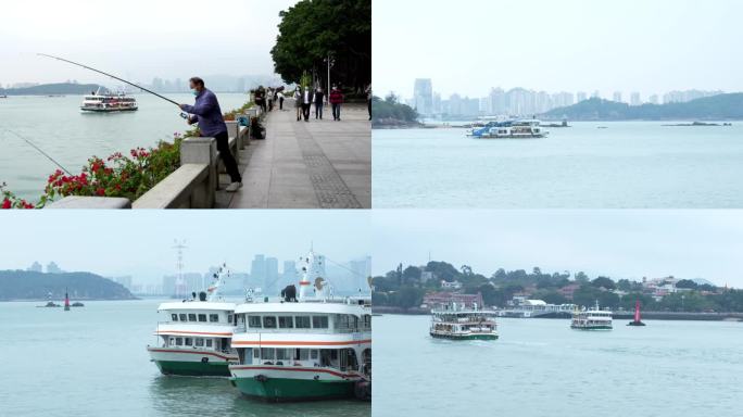 厦门海边   旅游船  钓鱼