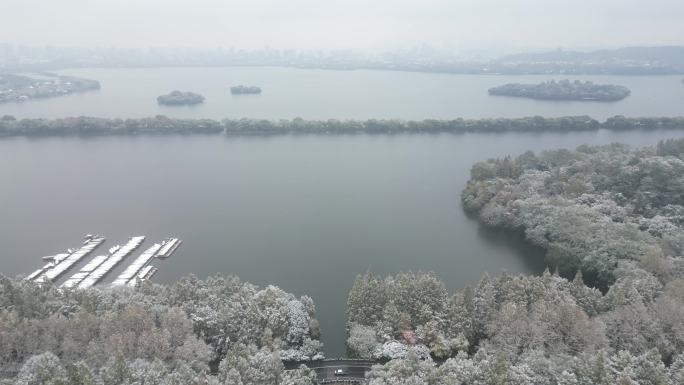 杭州西湖冬季下雪风光航拍