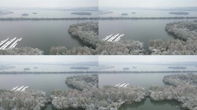 杭州西湖冬季下雪风光航拍