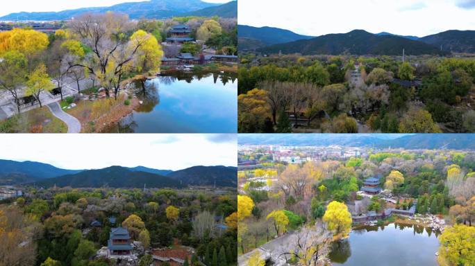 航拍山西太原4A景区晋祠公园园林金秋秋景