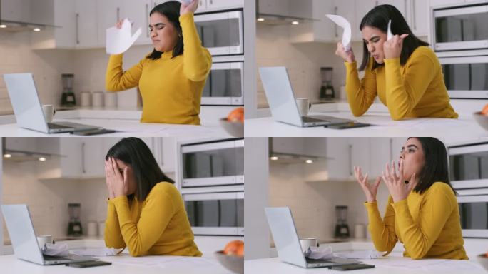 4k视频画面显示，一名年轻女子在家中使用笔记本电脑和完成文书工作时，神情紧张
