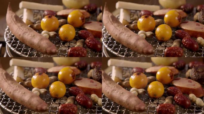 围炉烤水果、红薯摇镜头