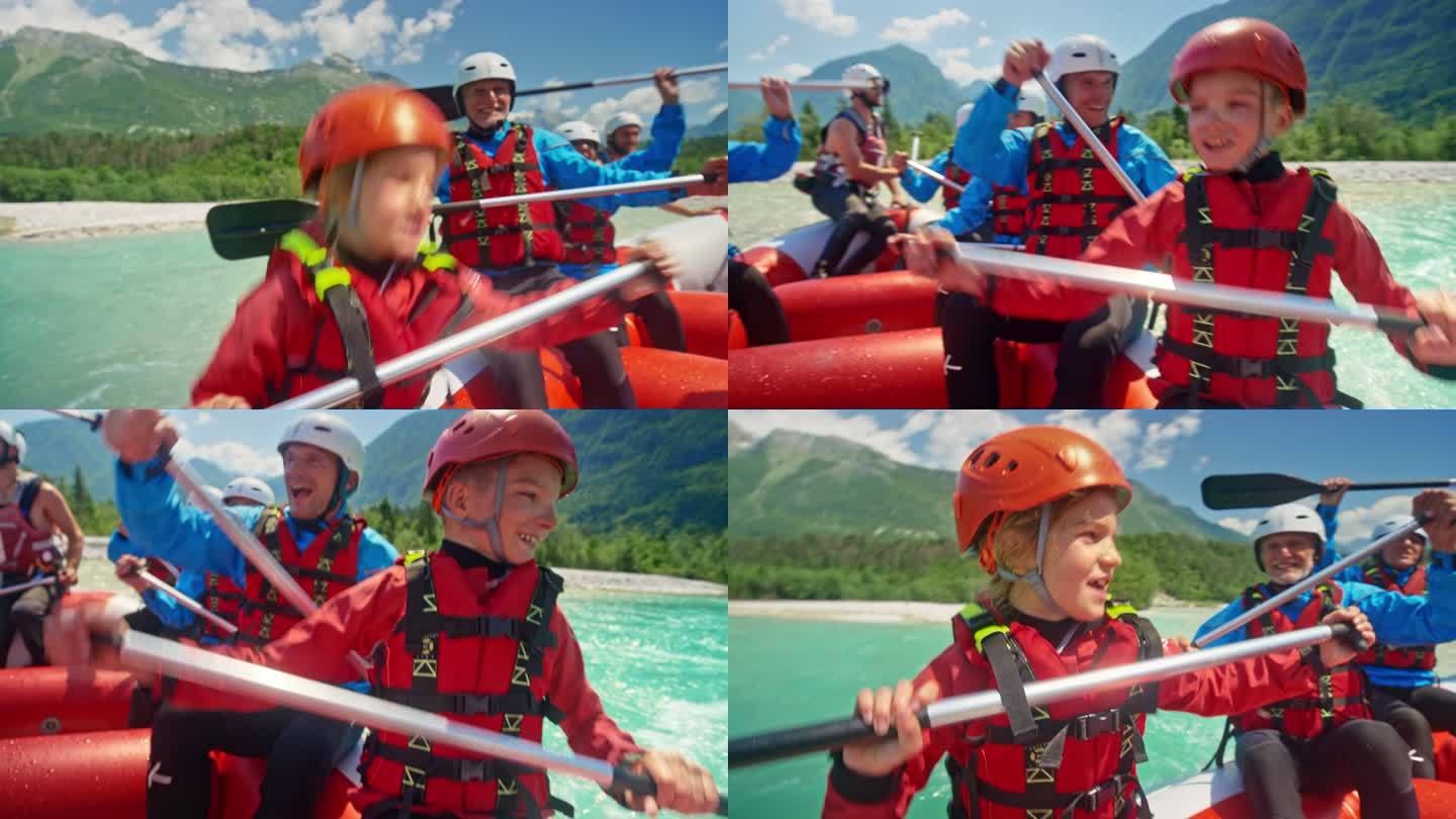 女孩和男孩与漂流队的其他成年成员一起在木筏上的座位上跳跃