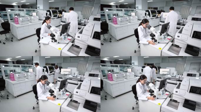 专家医生在实验室讨论治疗事项和显微镜检查在实验室。