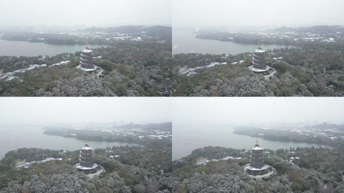 杭州西湖雷峰塔冬季雪景航拍