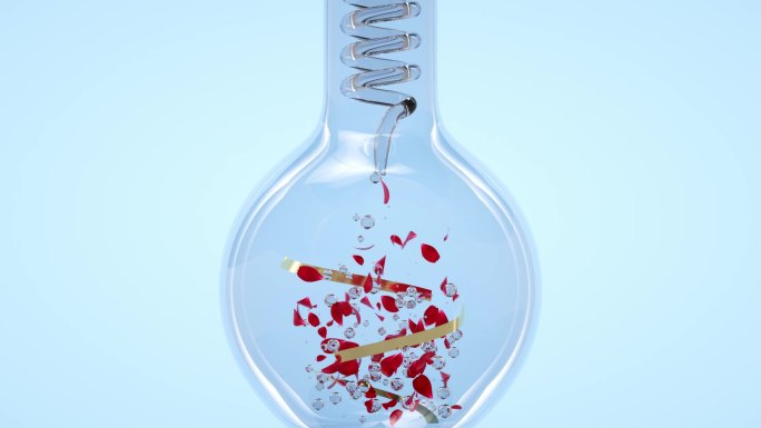 玻璃瓶内玫瑰花瓣精华液萃取三维动画
