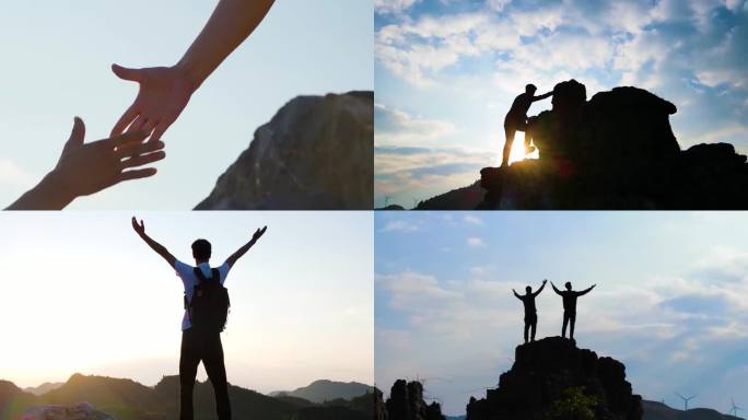 登山脚步光夕阳逆剪映手拉手协助登顶