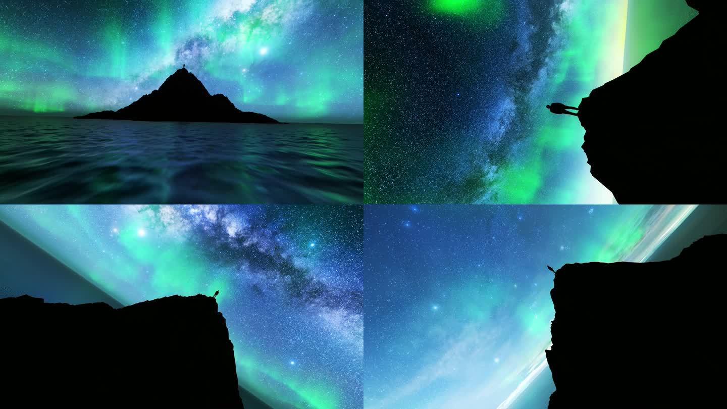 成功人士山顶顶峰仰望星空极光宇宙