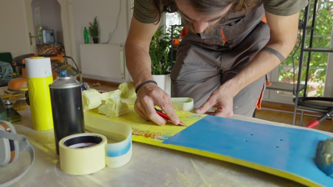 白人男性手工艺人，在与滑板绘画发生冲突后，将胶带取下