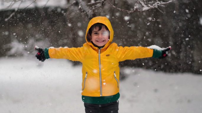 穿着黄色冬衣的有趣小男孩在下雪时散步。儿童户外冬季活动。