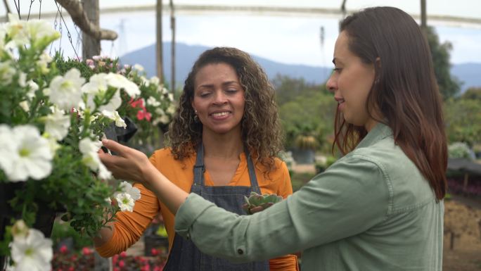 在花园中心工作的快乐的拉丁美洲女小贩向顾客展示美丽的花卉