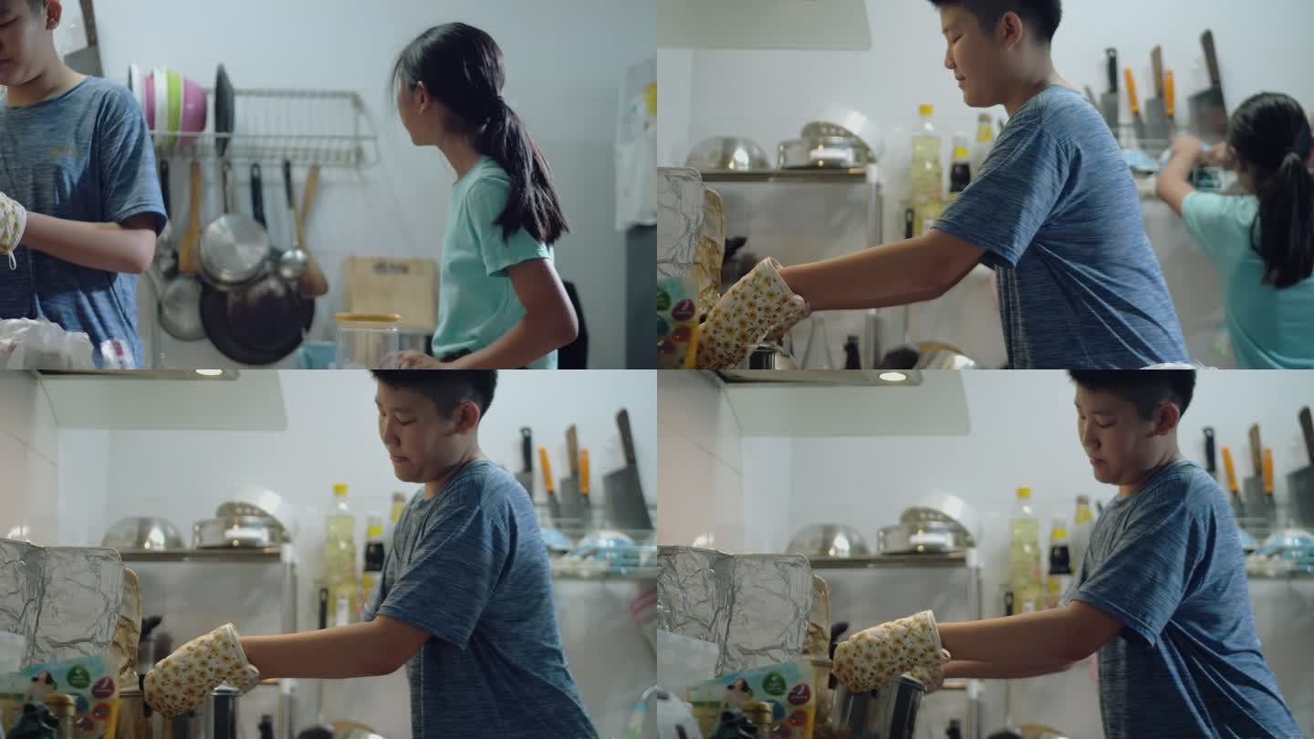 亚洲孩子周末在厨房自制焦糖爆米花赚钱，生活方式理念。
