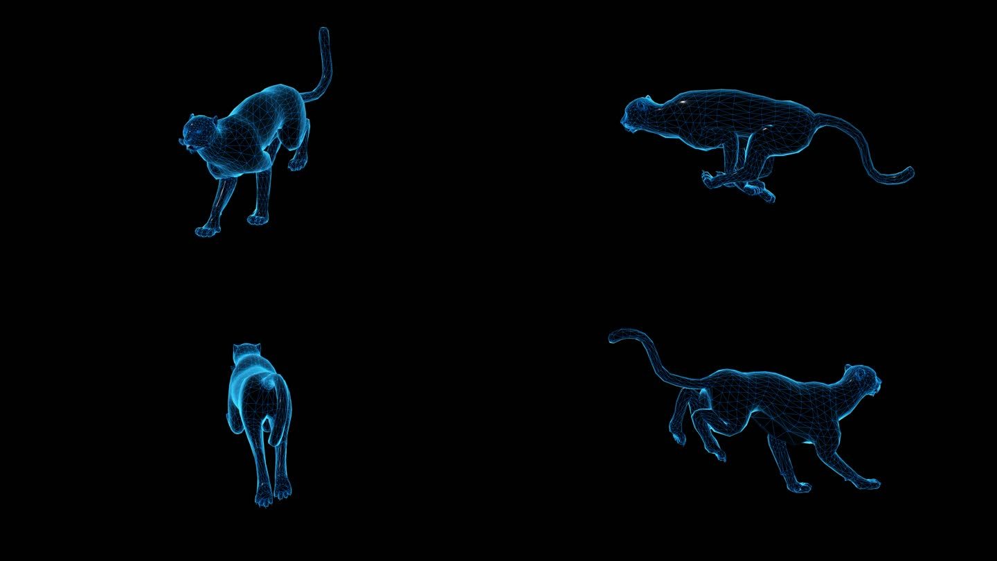 蓝色科技线框豹子奔跑透明通道素材
