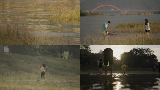 小孩江边玩水玩乐玩耍 夕阳剪影
