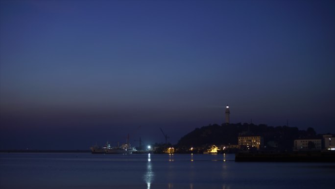 山东烟台海景 黎明前黑夜 灯塔闪烁 延时