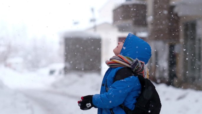 穿着蓝色冬衣的有趣小男孩在下雪时散步。儿童户外冬季活动