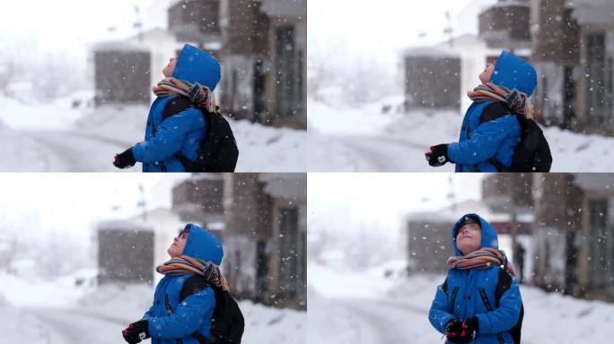 穿着蓝色冬衣的有趣小男孩在下雪时散步。儿童户外冬季活动