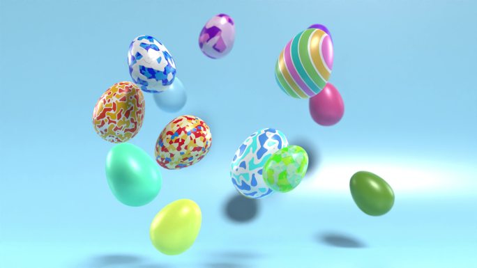 不同的彩色装饰复活节彩蛋在4K分辨率的反射蓝色表面上流动