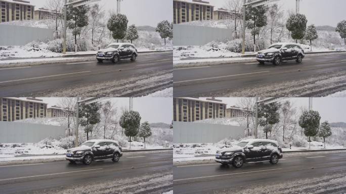 汽车开过积雪道路冰雪开始融化冬天大雪