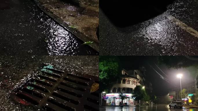 夜雨水珠雨滴 雨滴 雨水雨夜 地漏 水流