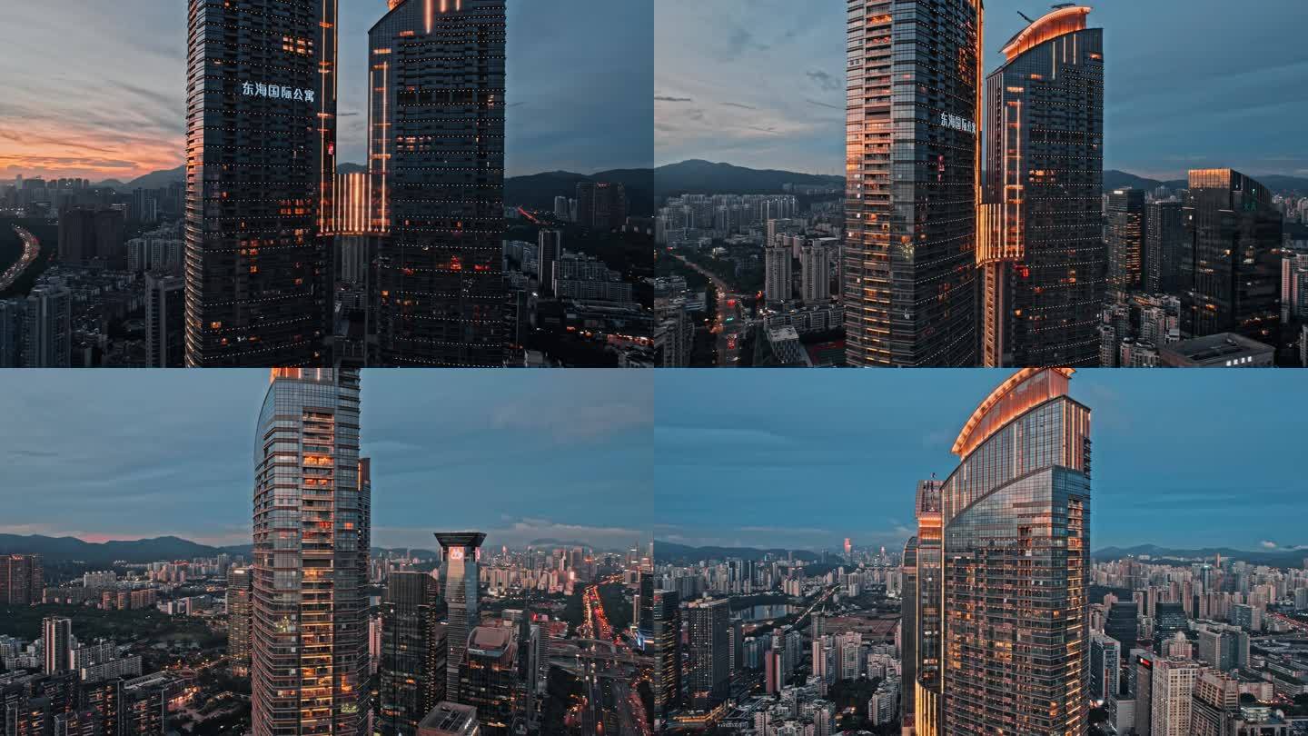 航拍深圳东海国际公寓傍晚夕阳镜头