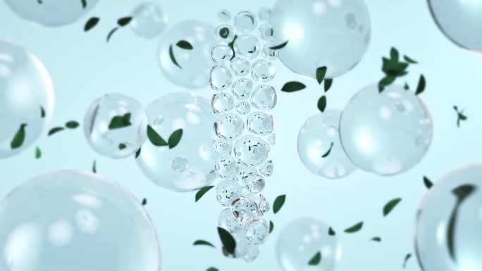 玻璃气泡挤压 树叶飘动 化妆品广告素材