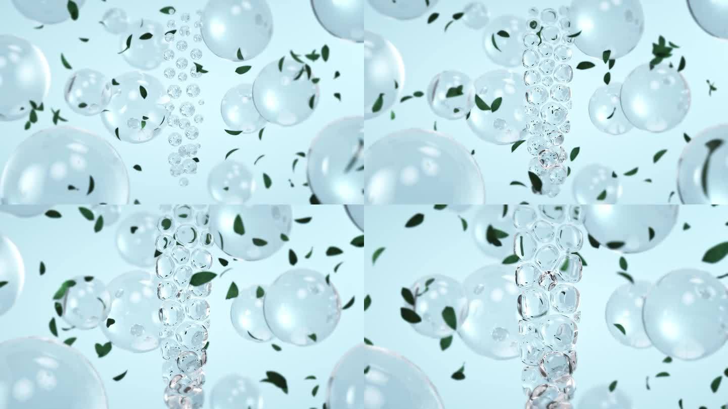 玻璃气泡挤压 树叶飘动 化妆品广告素材