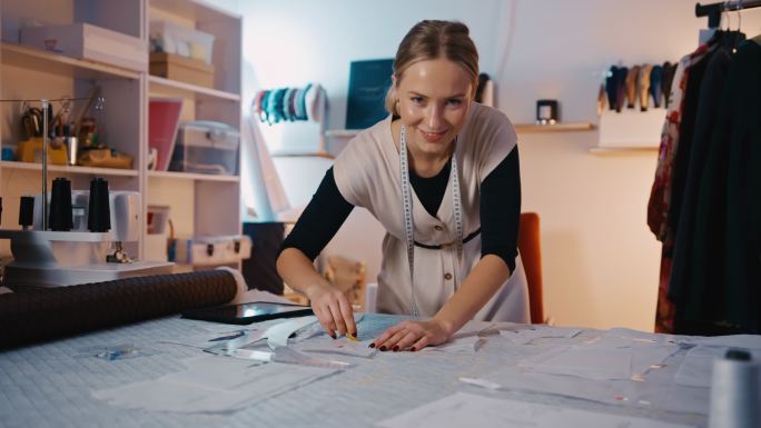 DS一位年轻女性时装设计师在工作室用模板工作的肖像照片