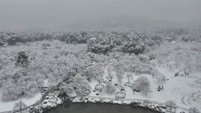 武汉东湖磨山樱花园航拍雪景风光