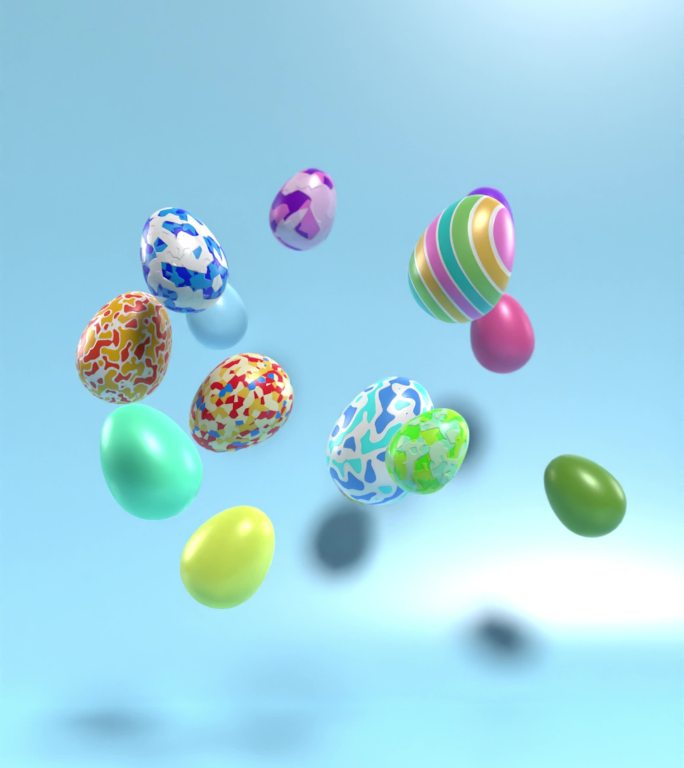 不同的彩色装饰复活节彩蛋在垂直4K分辨率的反射蓝色表面上流动