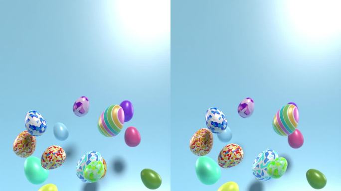 不同的彩色装饰复活节彩蛋在垂直4K分辨率的反射蓝色表面上流动