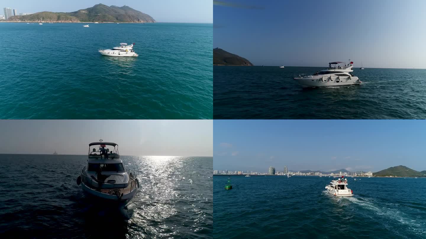 原创视频航拍海面上行驶的游艇