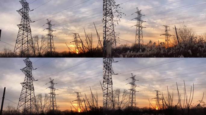 秋天落日黄昏的高压电塔