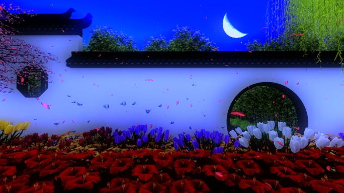 古典庭院花园月亮门-夜景