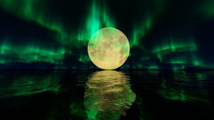 大海海面极光圆月