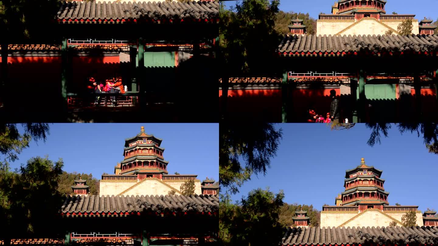 平移：冬季北京颐和园的长廊和佛香塔