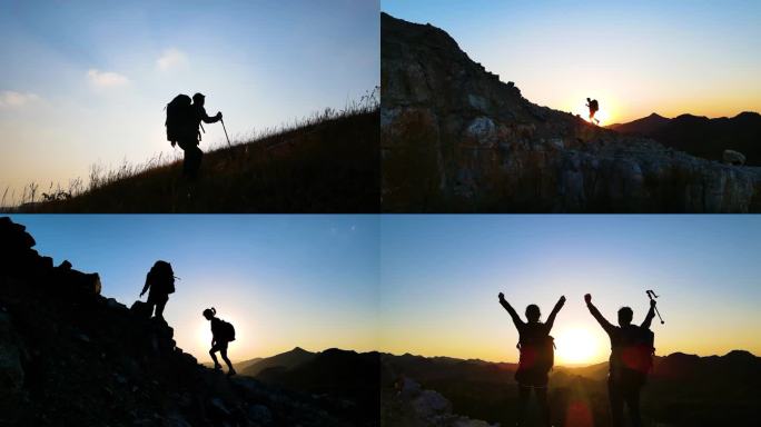 登山脚步攀登顶峰团队协作背包客爬山顶欢呼