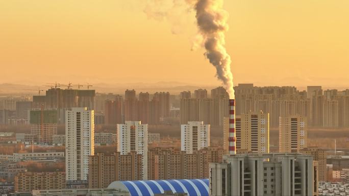 辽宁沈阳城市航拍烟囱建筑黄昏日落