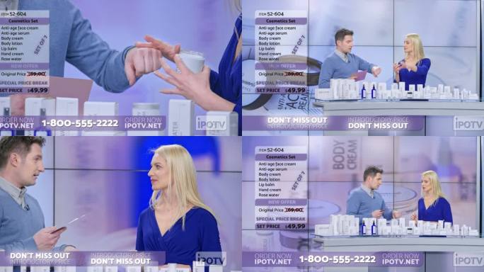 美国电视广告蒙太奇：一位在电视广告节目中展示化妆台词的女性在交谈时将一些奶油抹在男主持人的手背上