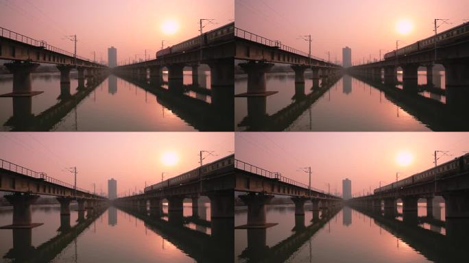 夕阳下行驶中的火车