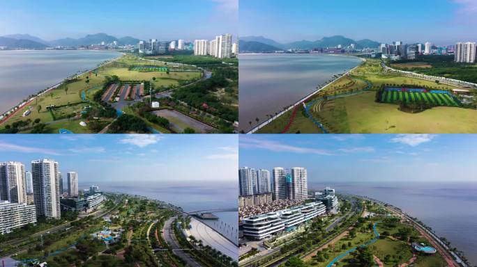 珠海唐家湾海岸线滨海公园绿化城市建设航拍