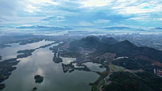 航拍杭州湘湖大全景