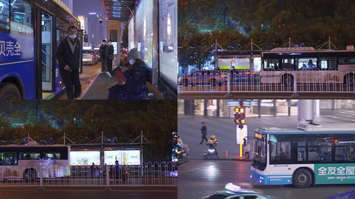 城市公交车夜晚行驶 都市人文生活