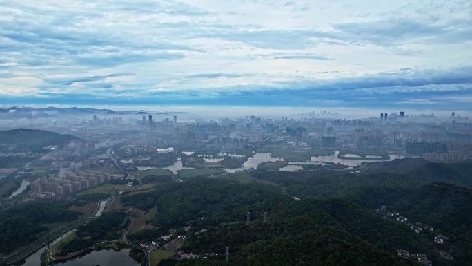 航拍杭州湘湖大全景 绝美云海