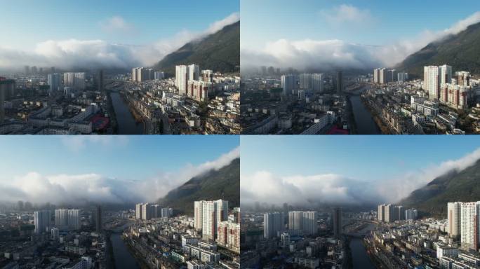 中国云南省大理市，旅游城市建筑和洱海天际线