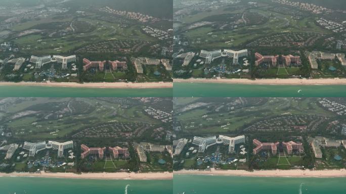 中国海南三亚，日落时分，亚龙湾海滩的无人机鸟瞰图。