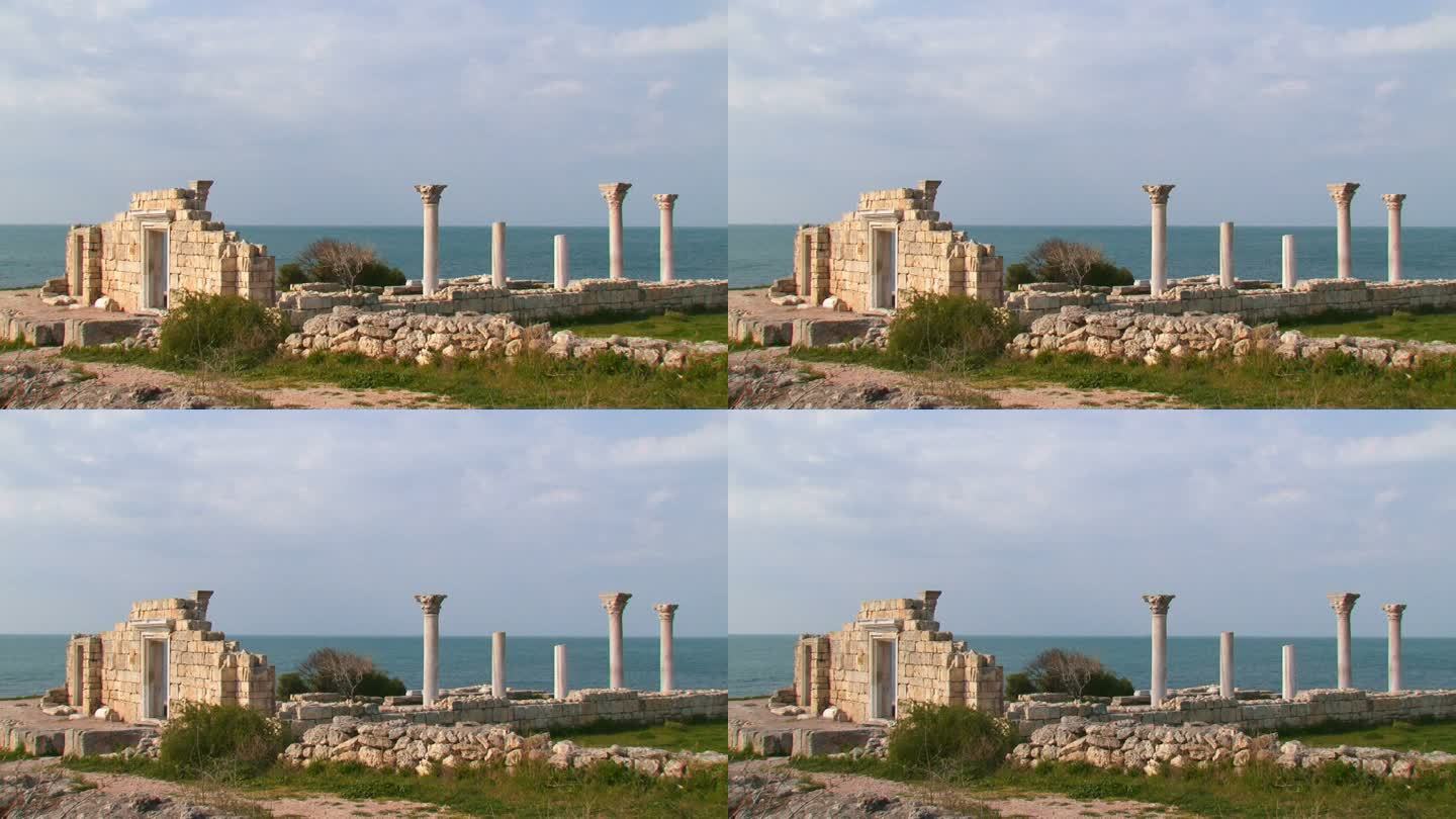 海滩上的古代遗迹断壁残垣古希腊历史废墟